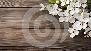 Copy space background with wooden planks and white cherry blossoms