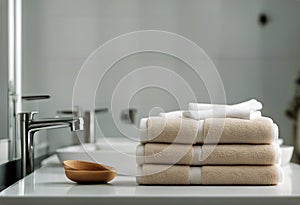 copy space bathroom blurred white table Towels background counter spa towel clean bathe shelf display interior shower blur empty