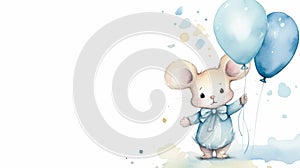 copy space, birthday card in watercolor style, pastel blue colors and golden glitters, sweet boyish mouse holding balloons