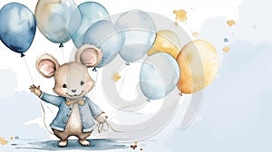 copy space, birthday card in watercolor style, pastel blue colors and golden glitters, sweet boyish mouse holding balloons