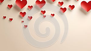 Copy space card with red hearts on beige paper background. St. Valentine's day poster. AI Generated