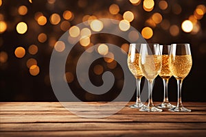 Copy space. Champagne Glasses on Wooden Table with Blurred Background