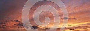 Copy space of clouds in a moody sky at twilight. Scenic panoramic and banner of a dramatic cloudscape and thunderous