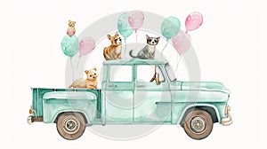 copy space, cute handdrawn pastel watercolor style, cute birthday announement card, front view of a oldtimer pickup