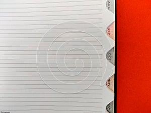 Copy space of diary with aug,sept,oct,nov,dec