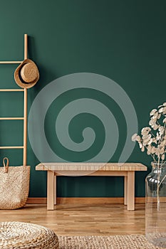 Copy space on the empty green wall of elegant room with wooden ladder with wicker hat and bench