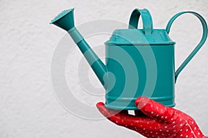 Copy space with hand in red gardening glove  holding watering can