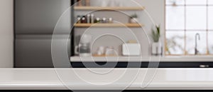 Copy space on luxury granite kitchen counter top in modern kitchen interior background