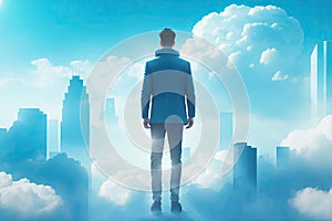 Copy space of man on blue sky white clouds abstract background. Freedom feel concept ai generative