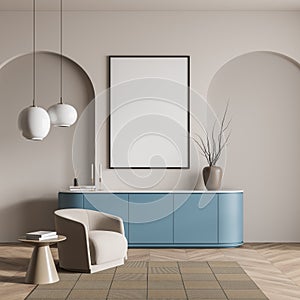 Copy space mockup wall poster over blue cabinet in villa living room design interior, beige furniture, white walls, hardwood