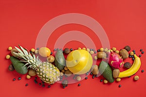 a copy space, place for text desigh with fresh fruit on colorful background