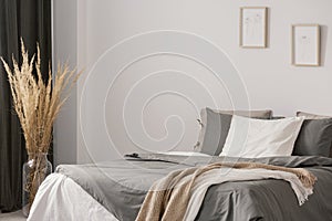 Copy space and posters on empty white wall of elegant bedroom interior with cozy king size bed