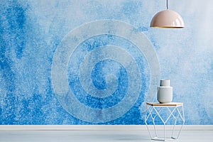 Copy space room interior with blending colors, blue and white, b