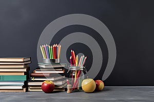 Copy space with school supplies, books, and grey background
