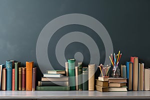 Copy space with school supplies, books, and grey background