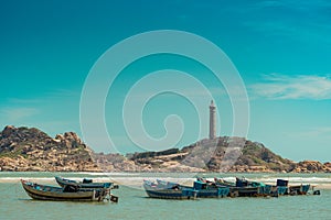 Copy space sea nature landscape background. Nature reserve park, harbour bay, rocks coast, lighthouse on island mountain