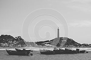 Copy space sea nature landscape background. Nature reserve park, harbour bay, rocks coast, lighthouse on island mountain