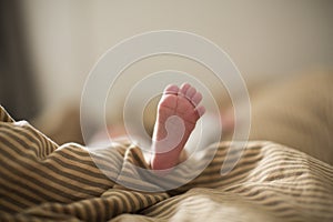 Copy space shot of a cute newborn baby foot on a brown beige blanket in bed with a bokeh blurred background