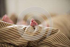 Copy space shot of a cute newborn baby foot on a brown beige blanket in bed with a bokeh blurred background