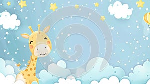 copy space, simple vector illustration, cartoon style, Baby Shower Greeting Card with cute Giraffe boy.