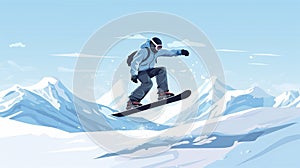 copy space, simple vector illustration, simple colors, Snowboarding, jumping snowboarder in snowy mountains background