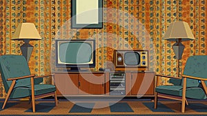 copy space, simple vector illustration, view on a vintage living room, typical 1970 design elements and wallpaper.