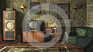 copy space, simple vector illustration, view on a vintage living room, typical 1970 design elements and wallpaper.