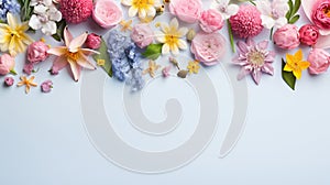 copy space with spring flowers pattern on blue background