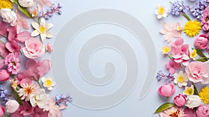 copy space with spring flowers pattern on blue background