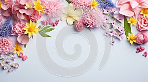 copy space with spring flowers pattern on blue pastel background