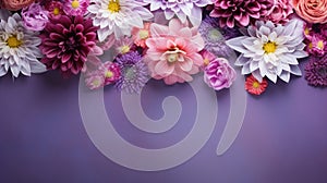 copy space with spring flowers pattern on purple background
