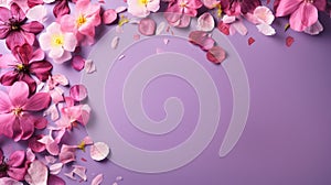 copy space with spring flowers pattern on purple background