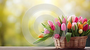 copy space, stockphoto, Basket of tulip flowers on even background. Basket of colourful tulips on a spring background.
