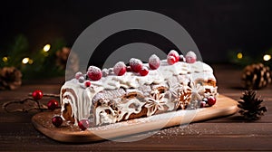 copy space, stockphoto a beautiful decorated Christmas cake, Christmas Buche, Bûche. Christmas celebration, merry Christmas