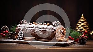 copy space, stockphoto a beautiful decorated Christmas cake, Christmas Buche, Bûche. Christmas celebration, merry Christmas