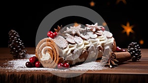 copy space, stockphoto a beautiful decorated Christmas cake, Christmas Buche, Bûche. Christmas celebration, merry Christmas