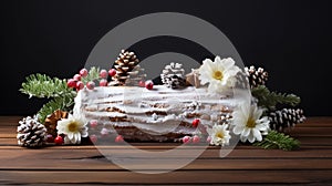 copy space, stockphoto a beautiful decorated Christmas cake, Christmas Buche, Bûche. Christmas celebration, merry Christmas