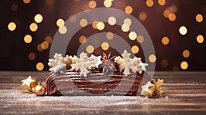 copy space, stockphoto a beautiful decorated Christmas cake, Christmas Buche, Bûche. Christmas celebration, merry Christmas