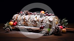 copy space, stockphoto a beautiful decorated Christmas cake, Christmas Buche, Bûche. Christmas celebration, merry Christmas