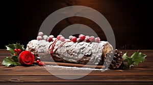 copy space, stockphoto a beautiful decorated Christmas cake, Christmas Buche, Bûche. Christmas celebration, merry Christmas