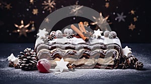 copy space, stockphoto a beautiful decorated Christmas cake, Christmas Buche, Bûche. Christmas celebration, merry Christmas