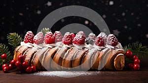 copy space, stockphoto a beautiful decorated Christmas cake, Christmas Buche, Bûche. Christmas celebration, merry Christmas