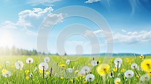 copy space, stockphoto, Beautiful spring meadow field with fresh grass and yellow dandelion flowers in nature