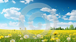 copy space, stockphoto, Beautiful spring meadow field with fresh grass and yellow dandelion flowers in nature