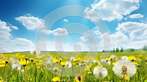 copy space, stockphoto, Beautiful spring meadow field with fresh grass and yellow dandelion flowers in nature