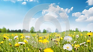 copy space, stockphoto, Beautiful spring meadow field with fresh grass and yellow dandelion flowers in nature