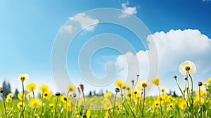 copy space, stockphoto, Beautiful spring meadow field with fresh grass and yellow dandelion flowers in nature