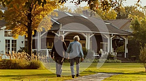 copy space, stockphoto, chubby senior couple walking in front of a retirement home or house. Elderly couple in good health