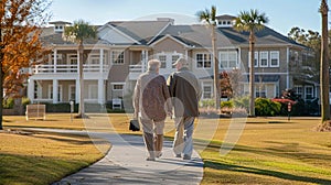 copy space, stockphoto, chubby senior couple walking in front of a retirement home or house. Elderly couple in good health