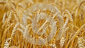 copy space, stockphoto, Closeup of ripe summer grain wheat field, wheat ears. Close-up of wheat plants with ripe grains.